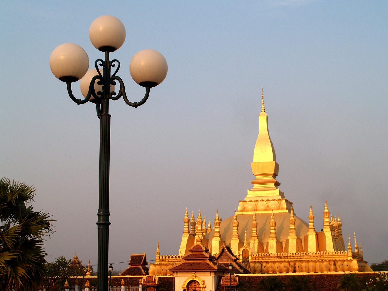 The shimmering gold-covered Pha That Luang Buddhist stupa, the national monument of Laos in Vientiane.